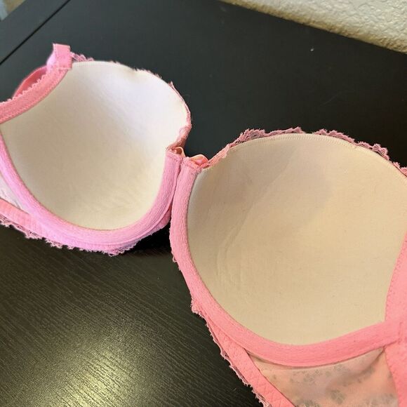 Victorias Secret Dream Angels Lined Demi Buste Double Bra 32d Bright Pink Lace - Picture 3 of 6